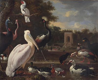 Melchior de Hondecoeter A Pelican and other exotic birds in a park Norge oil painting art